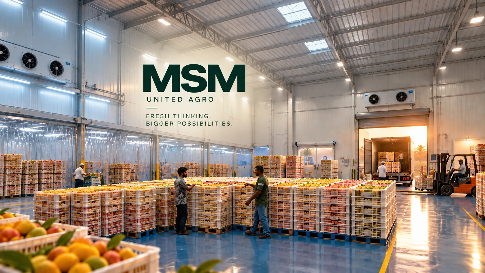 Packed orange crates arranged across a produce warehouse floor
