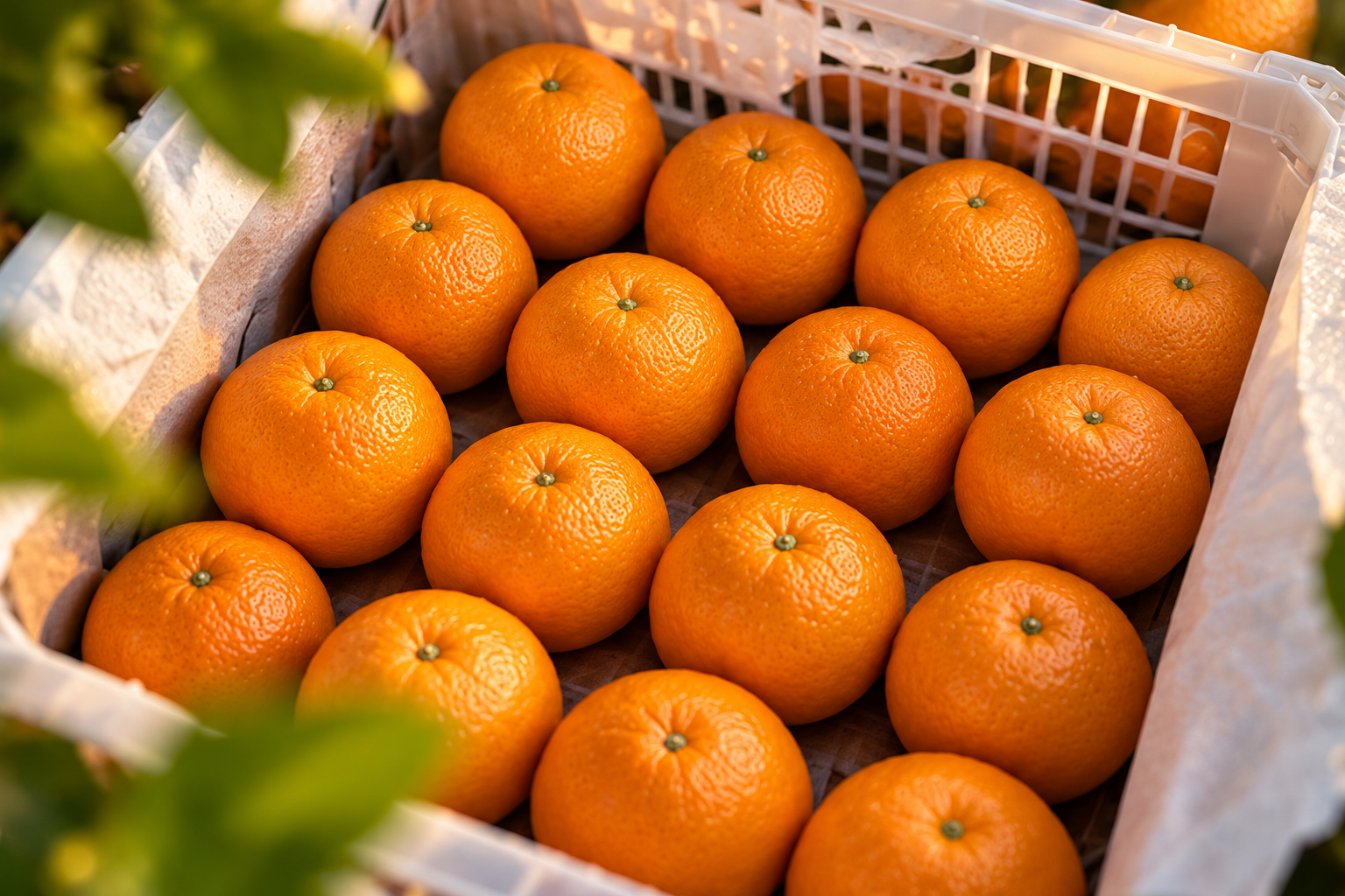 Fresh oranges packed in a produce crate