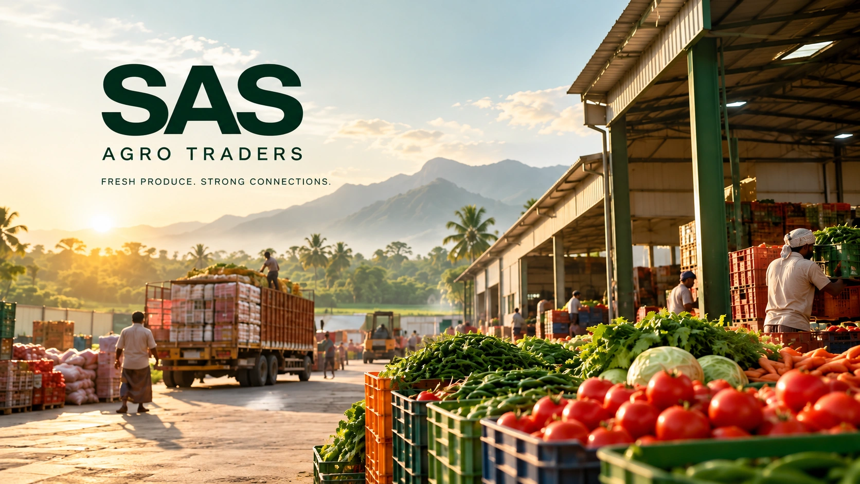 SAS Agro Traders fresh produce market with crates of vegetables, workers, a truck, and a warehouse